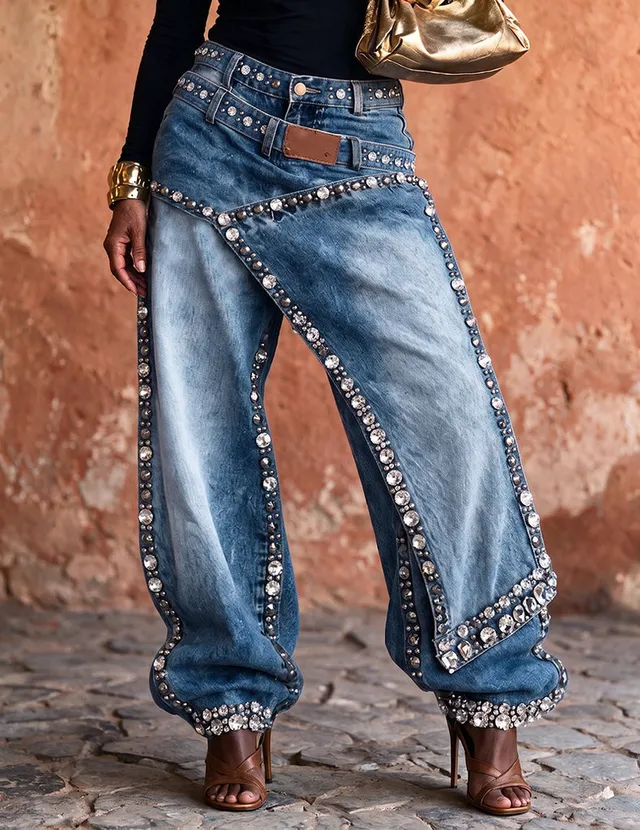 ekouaer-strass-straight-leg-jeans-damen-hose-blau-glitzer image 1