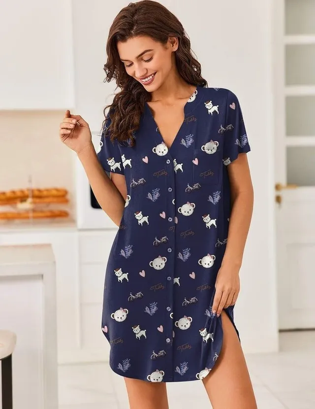 ekouaer-nightgowns-teddy-v-neck-nachthemd-knopfleiste-kurzarm image 1