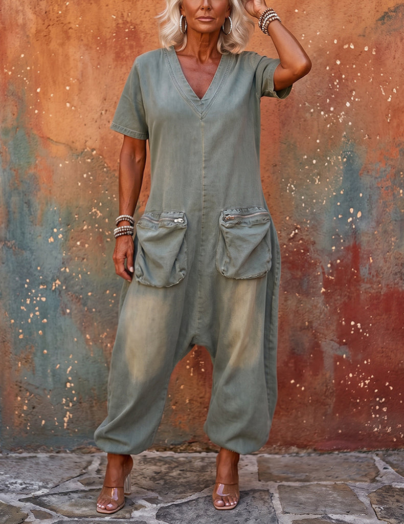 ekouaer-jumpsuits-overall-kurzarm-denim-cargo-pfauenblau image 1