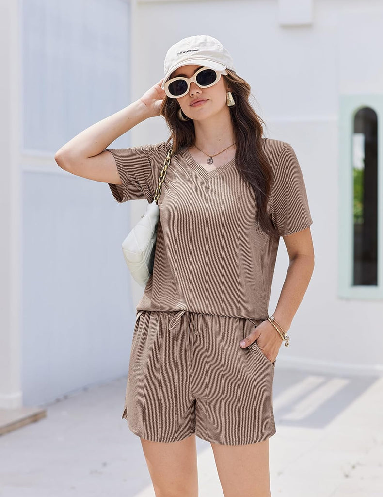 ekouaer-pajama-sets-short-sleeve-knit-lounge-set-schlafanzug-2-teilig-mit-tasche image 1