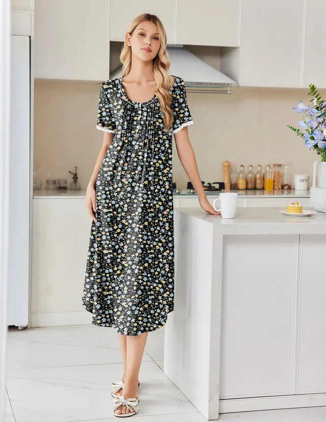 ekouaer-nightgowns-nachthemd-damen-navy-kurzarm-floral image 1
