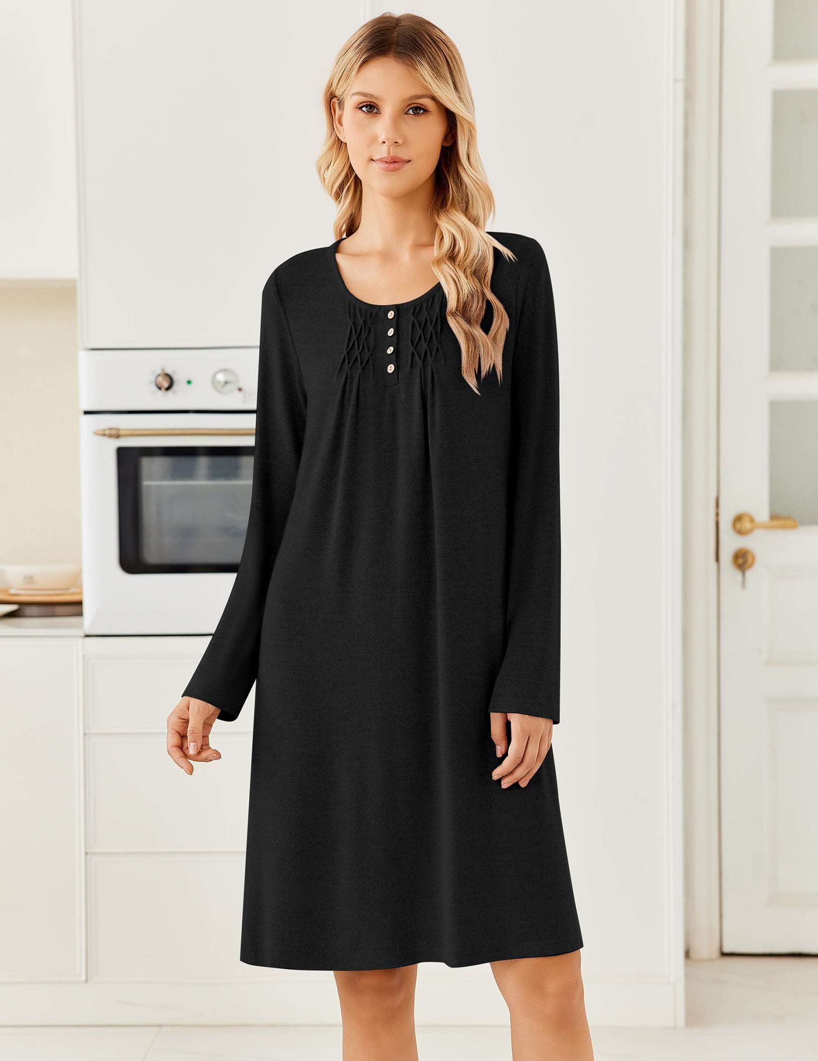 ekouaer-nightgowns-henley-nachthemd-damen-schwarz-l-knielang image 2