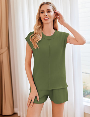 ekouaer-cap-sleeve-strick-pyjama-set-shorts-viskose image 3
