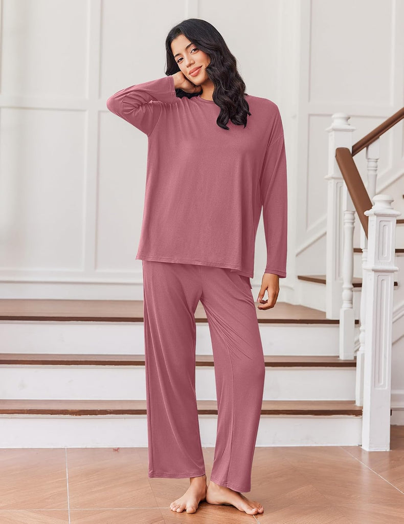 ekouaer-lounge-set-pyjama-langarm-hose-mit-taschen image 1