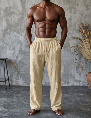ekouaer-men-leinenhose-herren-beige-weit-mit-kordelzug image 3