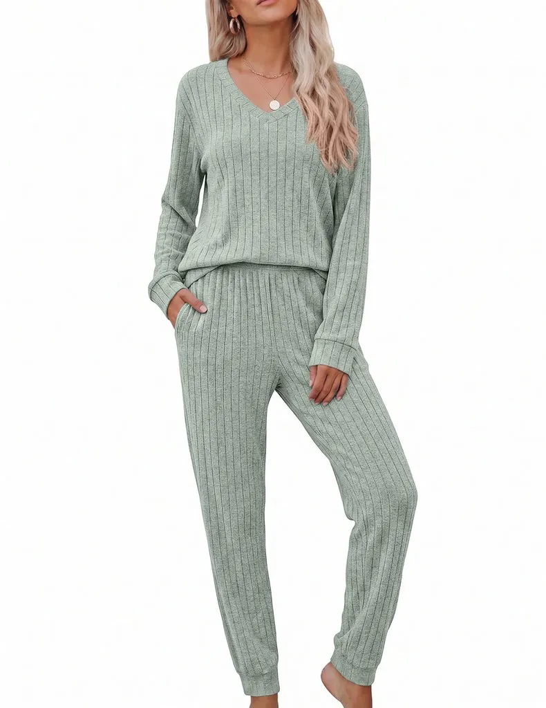 ekouaer-fleece-lounge-set-v-ausschnitt-jogger-winter image 1