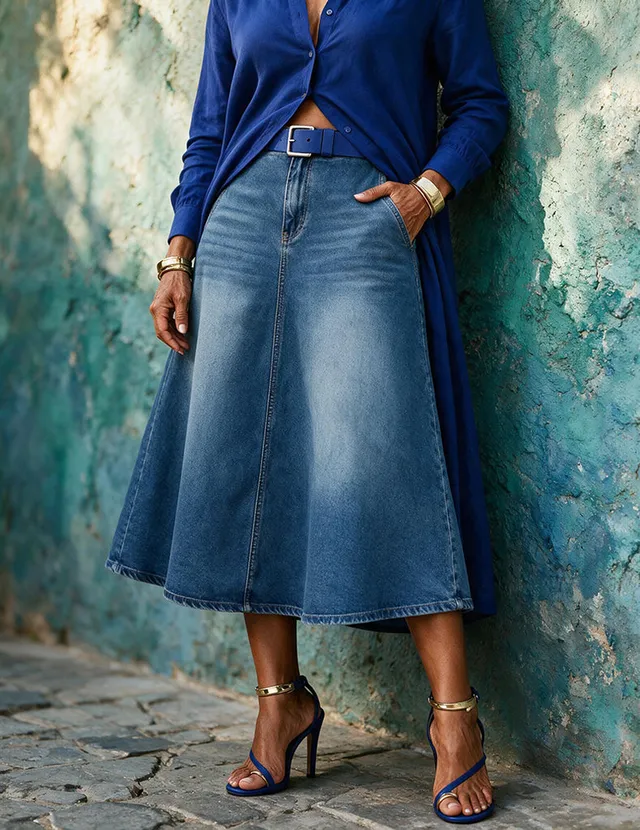 ekouaer-denim-midi-skirt-jeansrock-midi-stretch-blau image 1