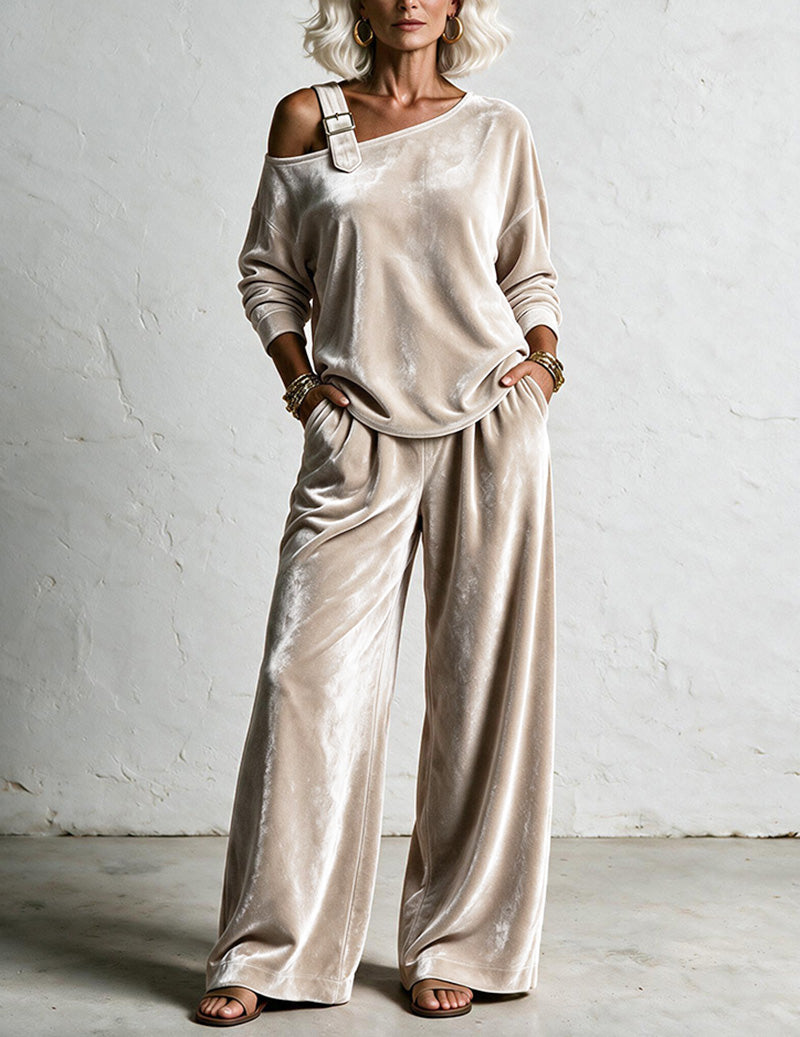 ekouaer-velvet-one-shoulder-hausanzug-samt-khaki-2-tlg image 1