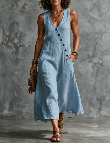 ekouaer-nightgowns-leinen-midi-kleid-v-ausschnitt-taschen image 3