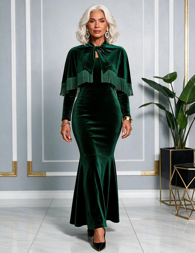 ekouaer-velvet-fringe-nachthemd-dunkelgr-n-cape-mermaid image 4