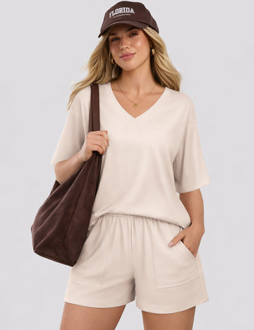 ekouaer-pajama-sets-v-neck-kurzarm-schlafanzug-shorts-taschen image 8