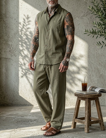 ekouaer-men-leinen-set-herren-wei-hemd-lange-hose image 5