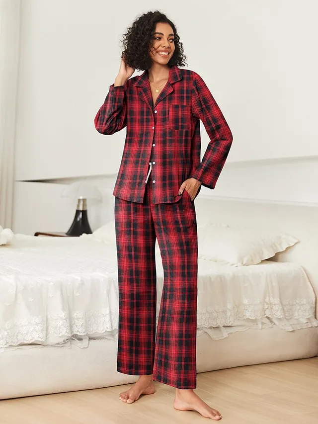 ekouaer-pajama-classic-karo-schlafanzug-lang-knopfleiste image 1