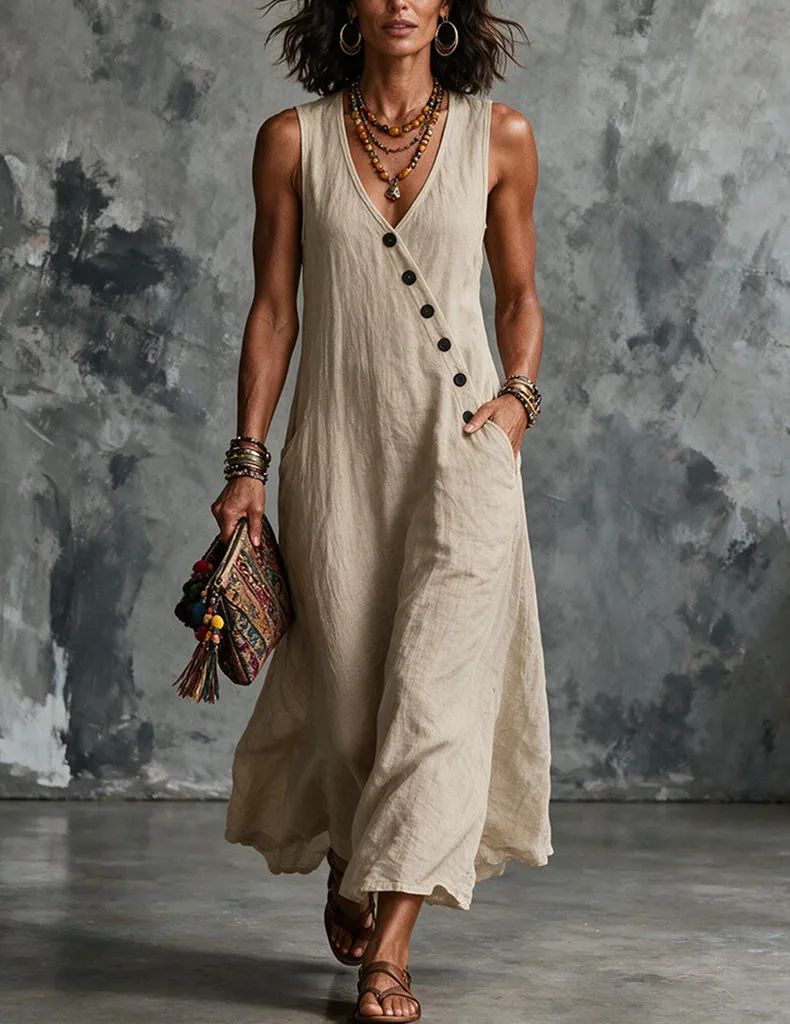 ekouaer-nightgowns-leinen-midi-kleid-v-ausschnitt-taschen image 1