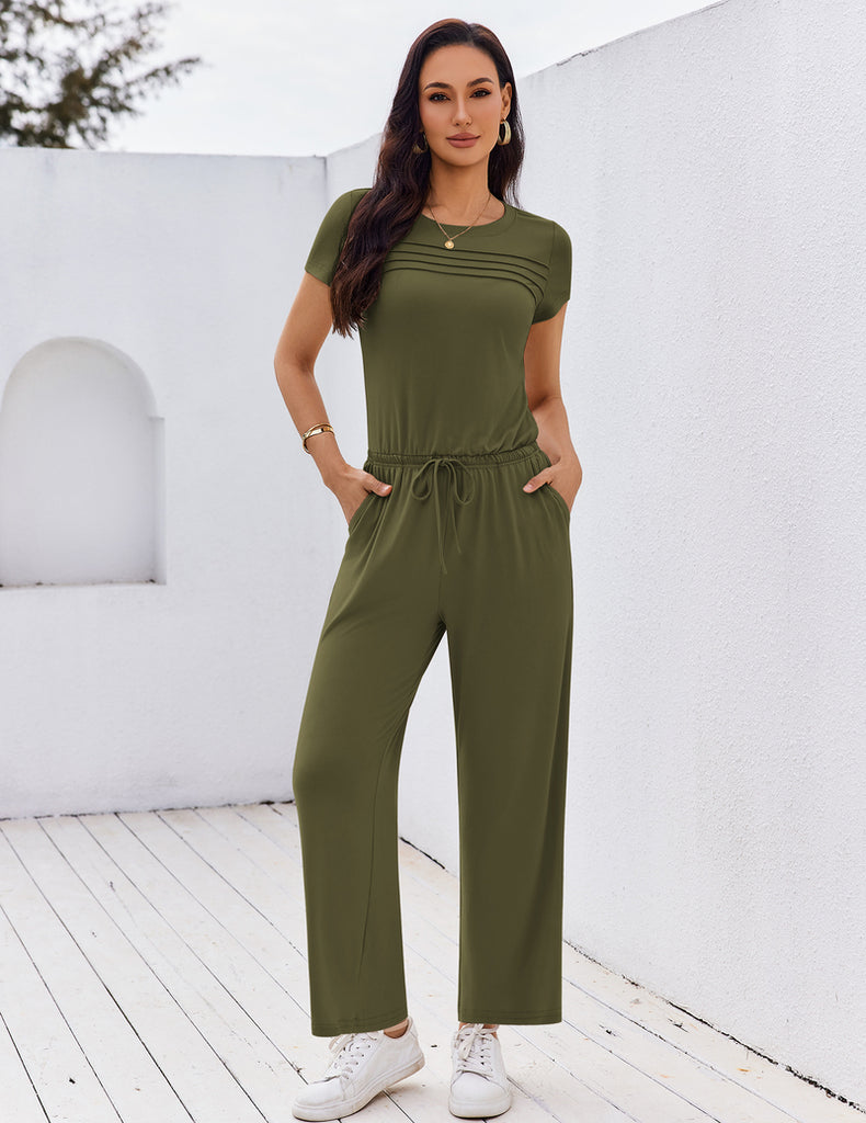 ekouaer-jumpsuits-round-neck-pleated-romper-kurzarm-freizeit image 1