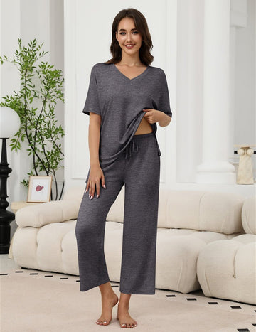 ekouaer-pajama-sets-kurzarm-schlafanzug-v-ausschnitt-hose image 3