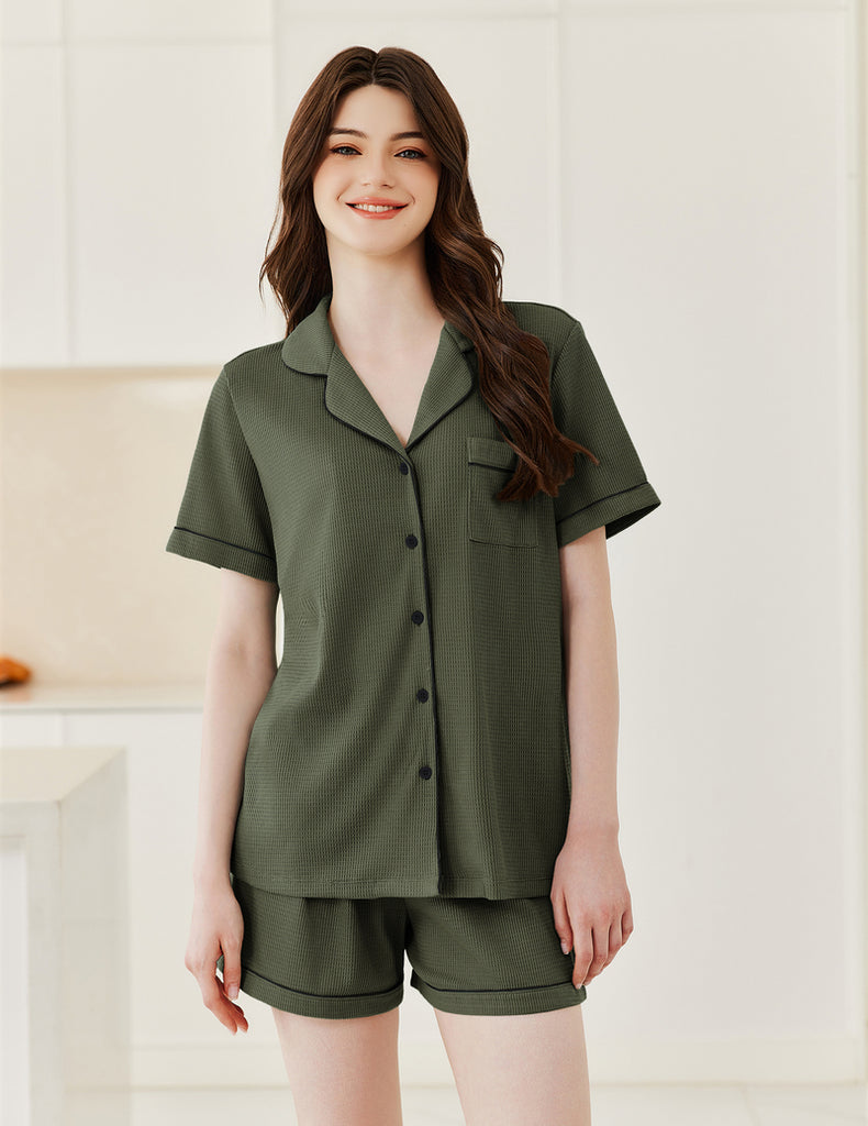 ekouaer-pajama-sets-waffel-schlafanzug-kurz-mit-knopfleiste image 1