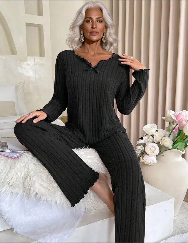 ekouaer-pajama-sets-ribbed-knit-pyjama-schwarz-2-teilig-leicht image 1