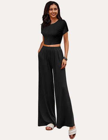 ekouaer-pyjama-set-ripp-zweiteilig-crop-top-weites-bein-kurzarm image 5