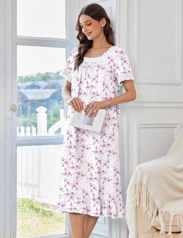 ekouaer-nightgowns-cotton-nachthemd-kurzarm-spitze-vintage image 5