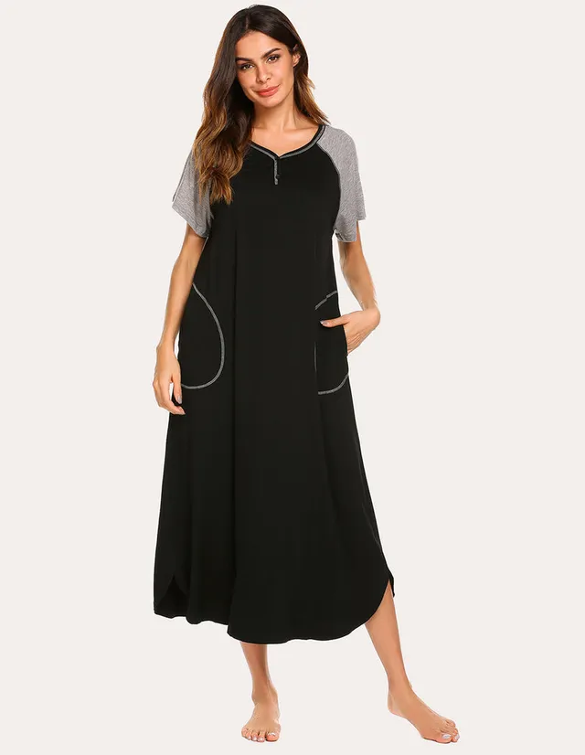 ekouaer-patchwork-full-length-nachthemd-kurzarm-taschen image 1