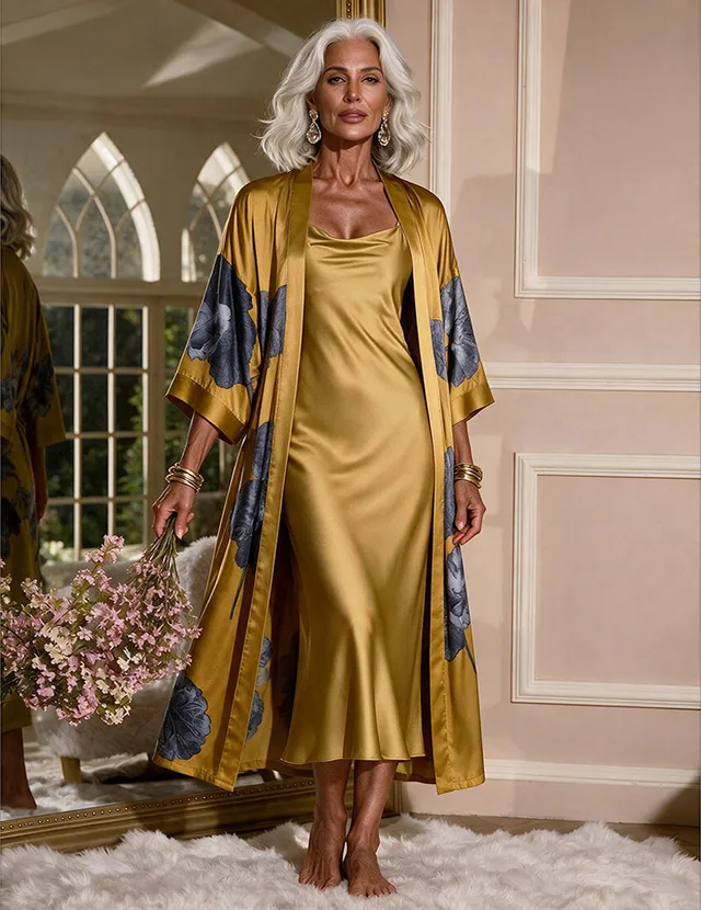 ekouaer-robes-satin-kimono-morgenmantel-dusk-lotus-2-teilig-maxi image 1