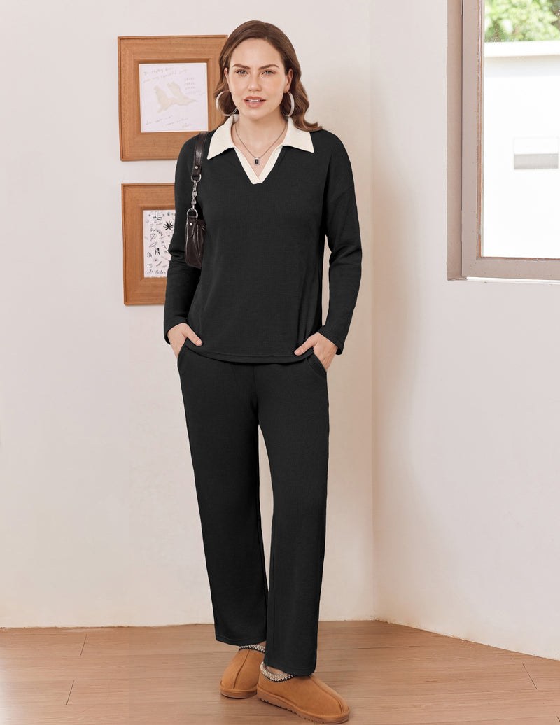 ekouaer-pajama-sets-waffle-knit-langarm-schlafanzug-schwarz-mit-taschen image 5