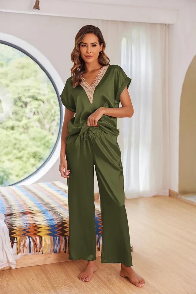 ekouaer-pajama-sets-satin-lace-v-neck-pyjama-weites-bein image 1