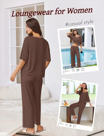 ekouaer-schlafanzug-damen-kurzarm-weite-hose-mit-taschen image 7