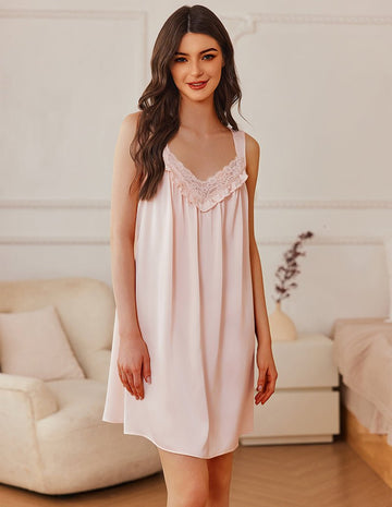 ekouaer-nightgowns-satin-nachthemd-spitze-v-ausschnitt-knielang image 7