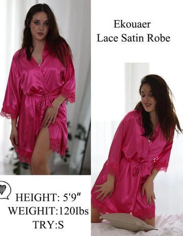 ekouaer-robes-satin-morgenmantel-kurz-spitze-3-4-rmel image 7