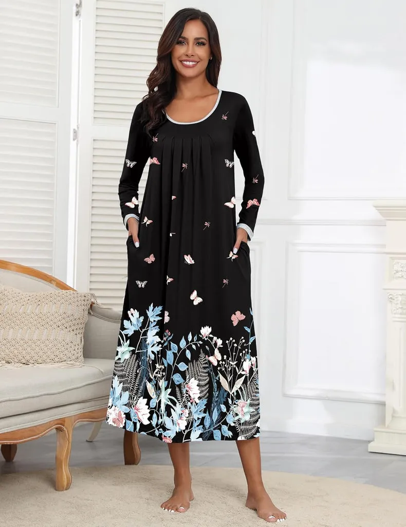 ekouaer-nightgowns-nachthemd-langarm-wadenlang-taschen image 1