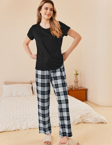ekouaer-classic-plaid-schlafanzug-damen-2-teilig-kurzarm-karo image 5