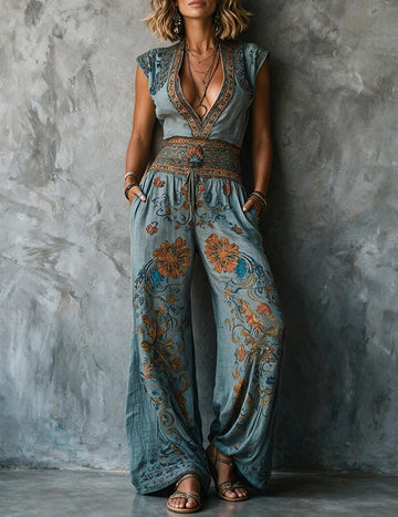 ekouaer-jumpsuits-boho-leinen-overall-blumen-v-ausschnitt image 2