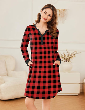 ekouaer-nightgowns-langarm-nachthemd-knielang-mit-taschen image 3