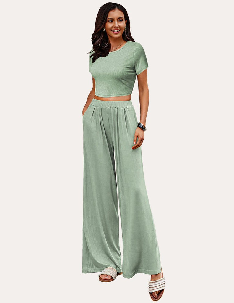 ekouaer-pyjama-set-ripp-zweiteilig-crop-top-weites-bein-kurzarm image 1