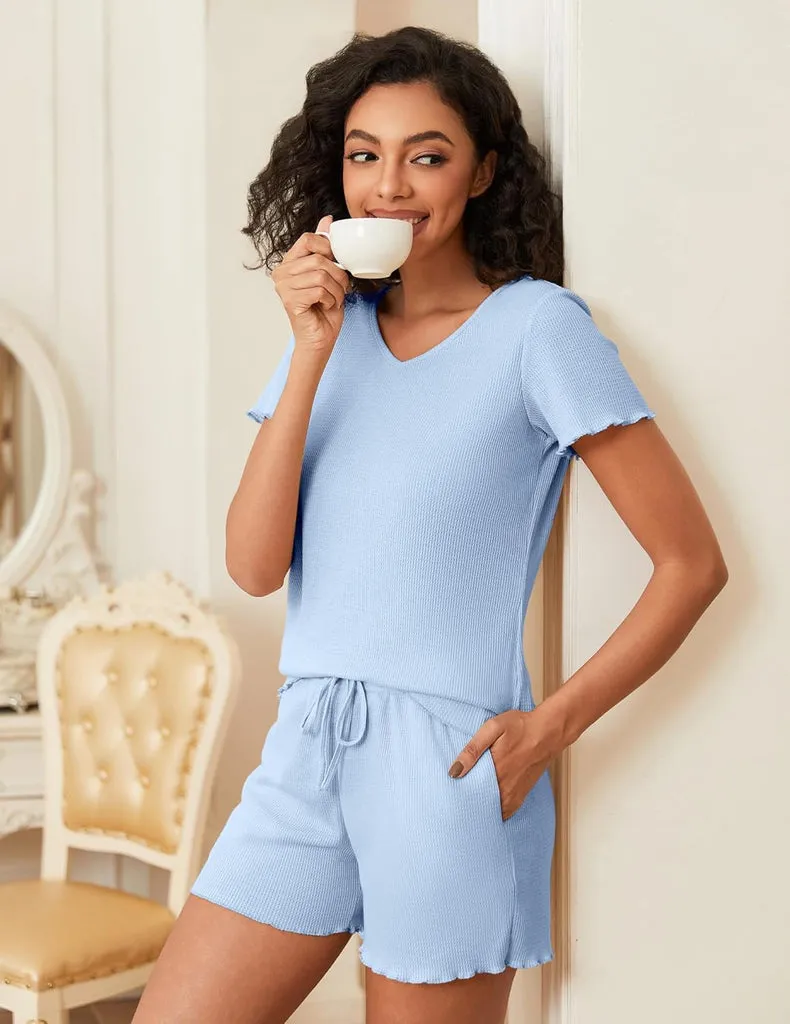 ekouaer-pajama-sets-waffle-knit-lounge-sets-pyjama-shorts-v-ausschnitt image 1