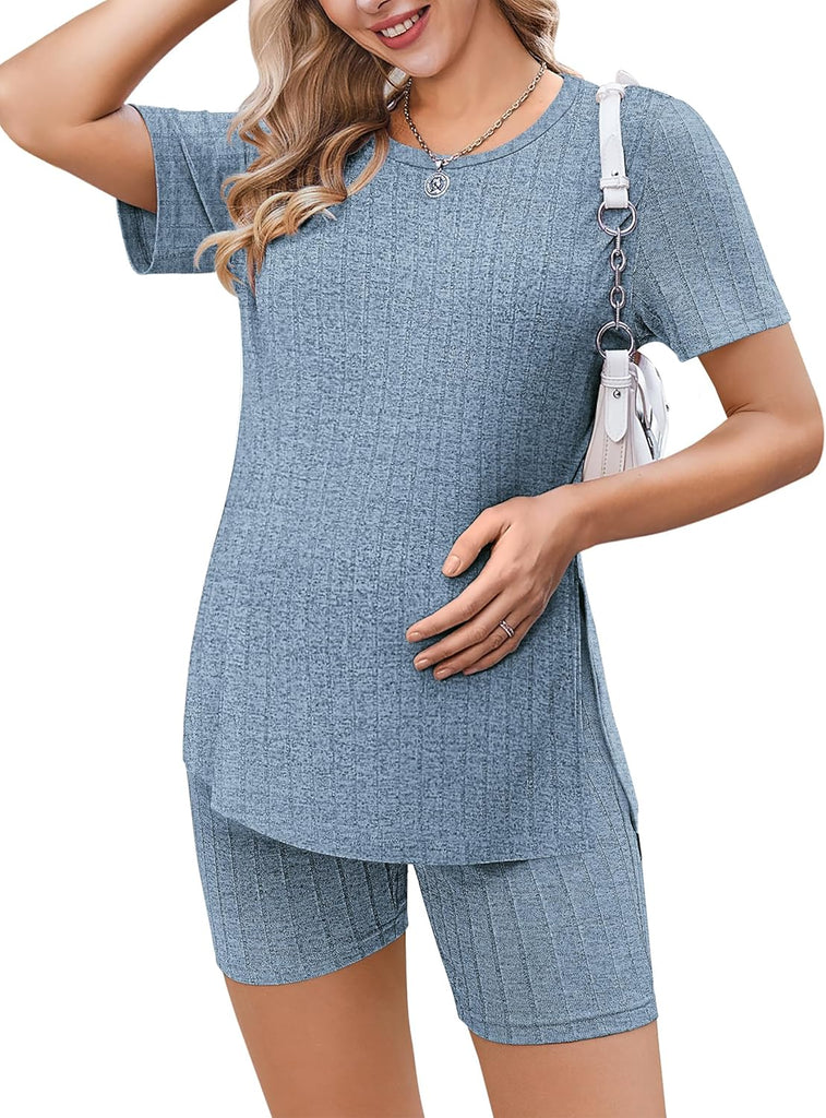 ekouaer-maternity-2-teiler-shirt-shorts-umstandsset-rippenstrick image 1