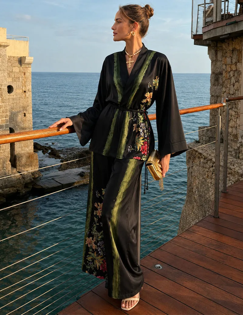 ekouaer-robes-kimono-satin-pyjama-damen-schwarz-m-floral image 1