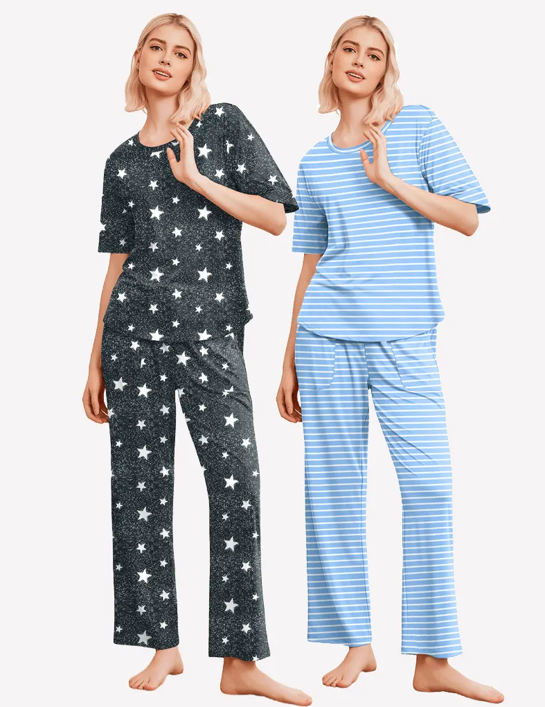 ekouaer-pajama-sets-2er-schlafanzug-kurzarm-taschen image 1