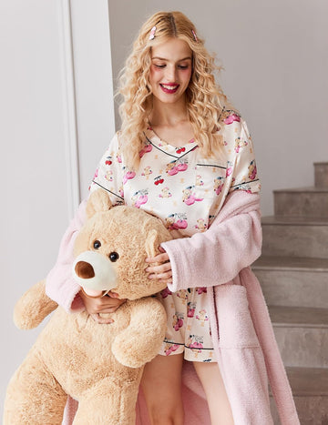 ekouaer-pajama-satin-pj-set-pyjama-kurz-v-ausschnitt image 3