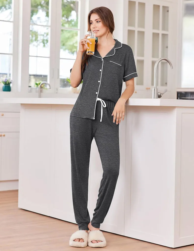 ekouaer-button-down-schlafanzug-kurzarm-mit-jogger-hose image 1