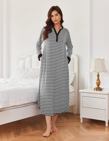 ekouaer-nightgowns-nachthemd-lang-v-ausschnitt-taschen image 5