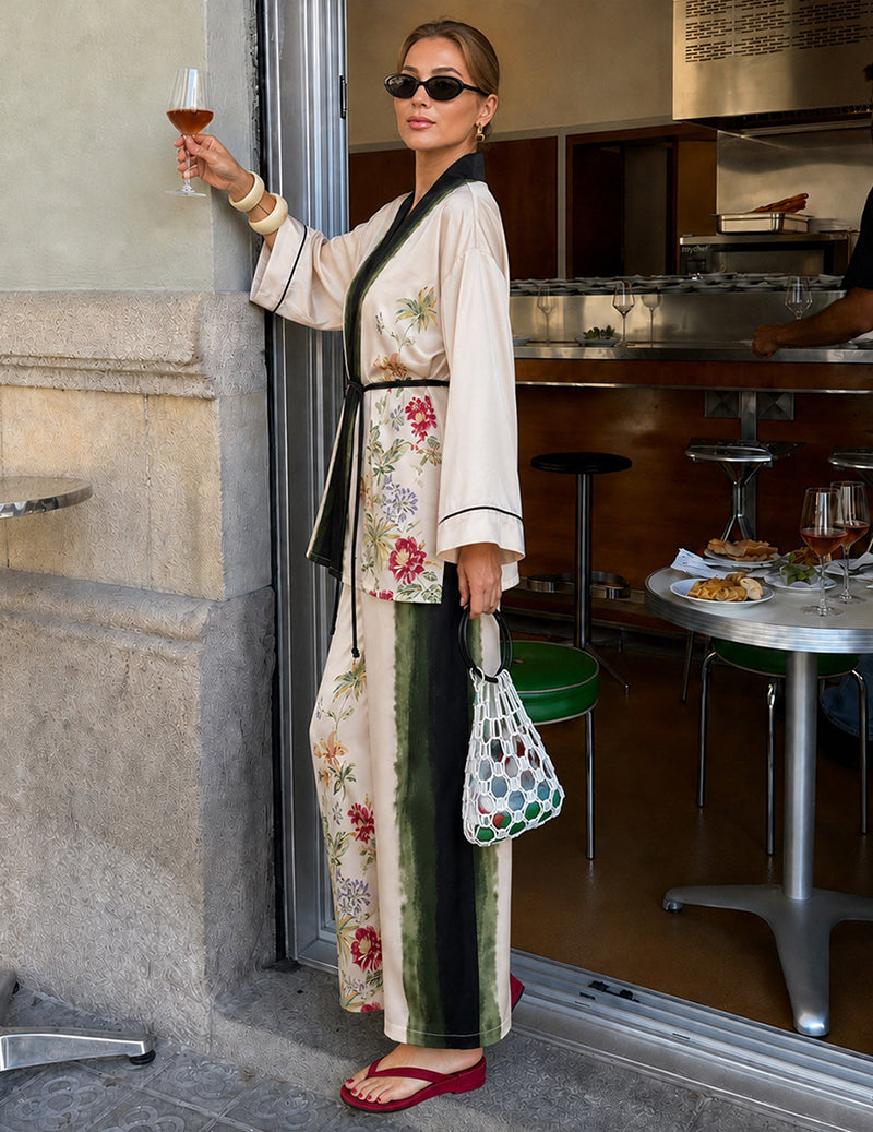 ekouaer-robes-kimono-satin-pyjama-damen-schwarz-m-floral image 7