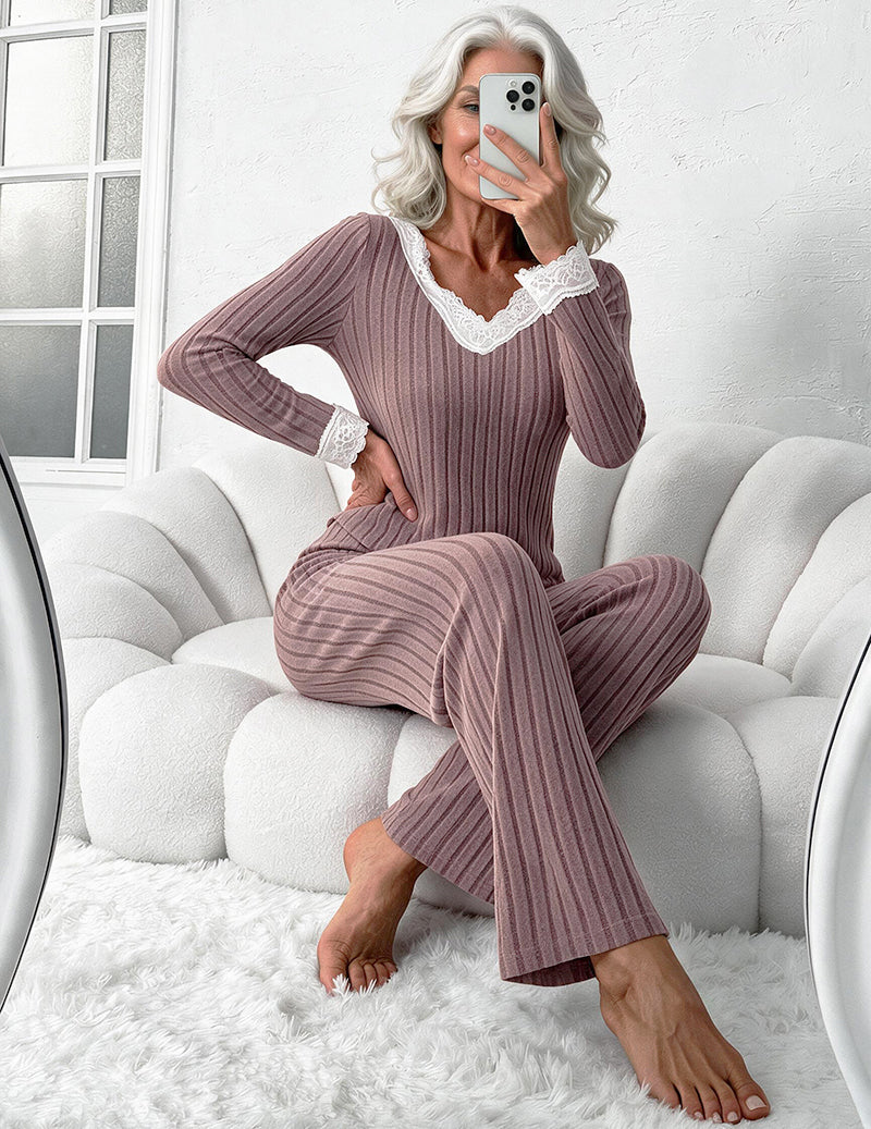 ekouaer-pajama-sets-spitze-pyjama-kurzarm-dusty-pink-ripstrick image 5