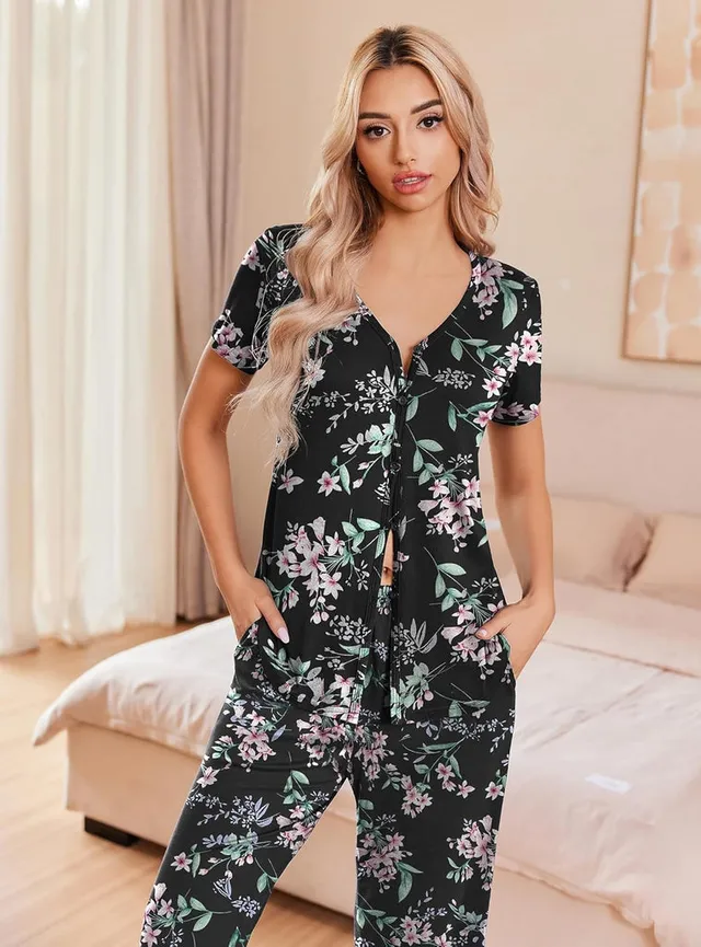 ekouaer-pajama-sets-schlafanzug-knopfleiste-caprihose image 1