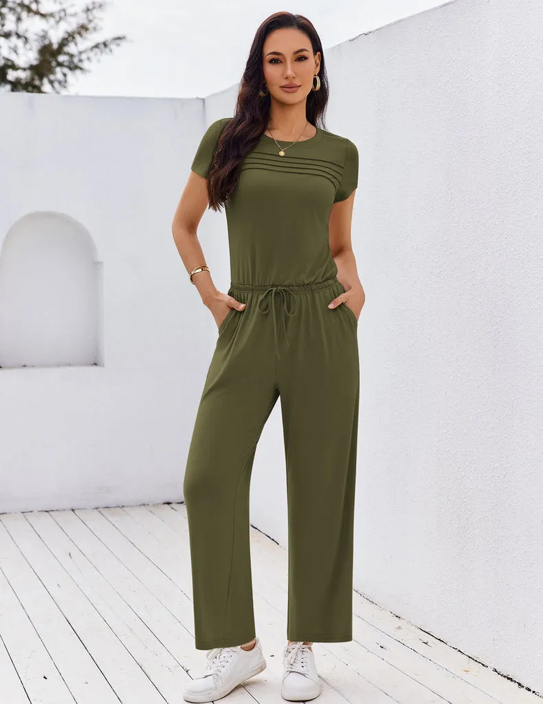 ekouaer-jumpsuits-round-neck-pleated-romper-kurzarm-freizeit image 1