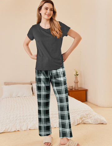 ekouaer-classic-plaid-schlafanzug-damen-2-teilig-kurzarm-karo image 7