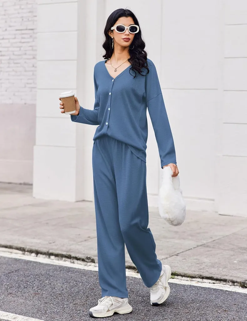 ekouaer-waffle-knit-pyjama-langarm-v-ausschnitt-kn-pfe image 1