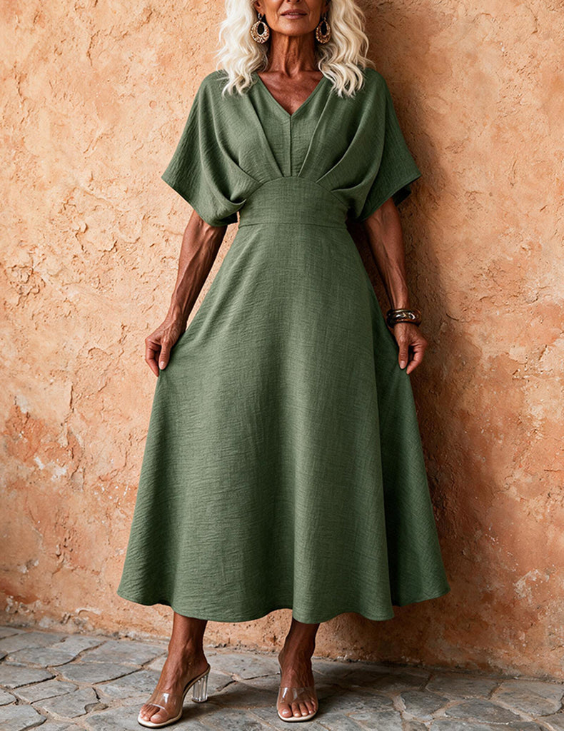 ekouaer-v-neck-midi-kleid-kurzarm-moosgr-n image 1